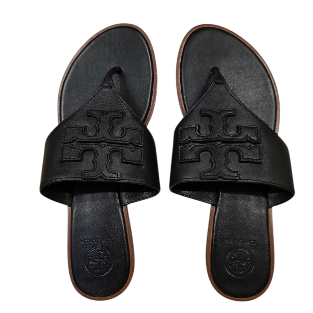 Tory Burch Weston Full Logo Calf Leather Thong Sandals Size 7.5